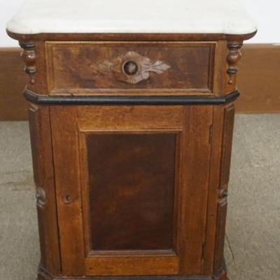 Sale Photo Thumbnail #204: 1204	VICTORIAN WALNUT 1 DOOR, 1 DRAWER MARBLE TOP STAND, APPROXIMATELY 21 IN X 18 IN X 31 IN H
