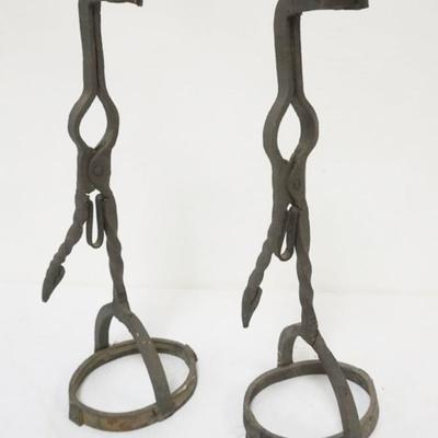 Sale Photo Thumbnail #106: 1106	PAIR OF PRIMITIVE WROUGHT IRON RUSH LIGHTS, EACH APPROXIMATELY 6 IN X 17 IN H
