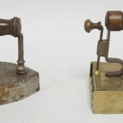 Sale Photo Thumbnail #83: 1083	2 ANTIQUE COAL FLAT IRONS, ONE BRASS MARKED G ELIASON NO 2, LARGEST APPROXIMATELY 6 IN X 4 IN X 6 IN
