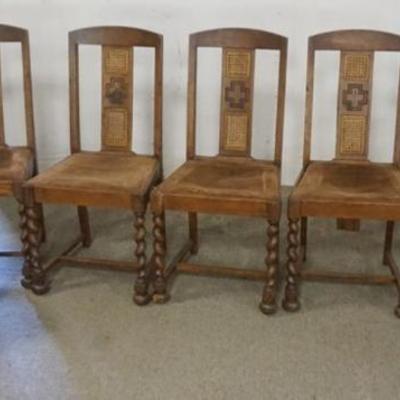 Sale Photo Thumbnail #178: 1178	SET OF 6 ANTIQUE OAK DOUBLE CANE BACK CHAIRS WITH CARVED CROSS ON SPLAT AND BARLEY TWIST LEGS
