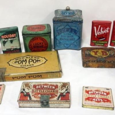 Sale Photo Thumbnail #49: 1049	GROUP OF ASSORTED ANTIQUE TOBACCO ASVERTISING TINS INCLDUING LUCKY STRIKE, EDGEWORTH, VELVET, PRINCE ALBERT, HALF & HALF, LARGEST APPROXIMATELY 7 IN HIGH
