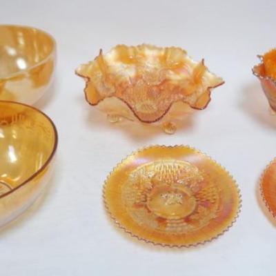 Sale Photo Thumbnail #37: 1037	GROUP OF ASSORTED GLASS INCLUDING MARIGOLD STAG & HOLLY RUFFLED EDGE BOWLS, GRAPE & CABLE DISHES, ETC, LARGEST PIECE APPROXIMATELY 9 IN X 5 IN
