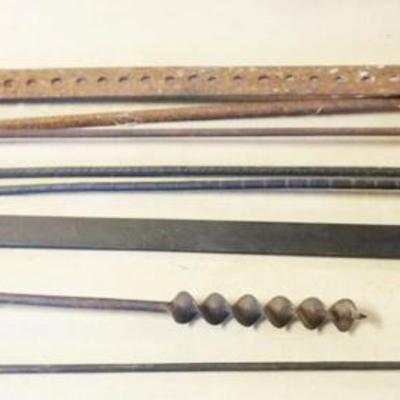 Sale Photo Thumbnail #109: 1109	GROUP OF ASSORTED ANTIQUE IRON ITEMS INCLUDING FIREPLACE TONGS, FIREPLACE TRAMMEL, AUGER, GIMLET BIT, ETC. LARGEST PIECE APPROXIMATELY 40 IN
