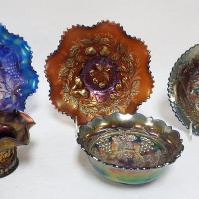 Sale Photo Thumbnail #38: 1038	CARNIVAL GLASS ASSORTMENT INCLUDING 3 FRUITS MEDALLION, GRAPE & CABLE, STAG & HOLLY, LARGEST PIECE APPROXIMATELY 8 1/2 IN X 3 IN
