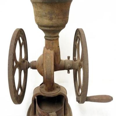 Sale Photo Thumbnail #134: 1134	ANTIQUE ELGIN NATIONAL DOUBLE WHEEL COFFEE GRINDER, APPROXIMATELY 10 IN X 15 IN X 25 IN
