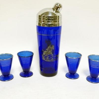 Sale Photo Thumbnail #36: 1036	ART DECO SILVER OVERLAY COCKTAIL SHAKER W/IMAGE OF HUNT SCENE W/6 GLASSES, SHAKER APPROXIMATELY 11 IN HIGH
