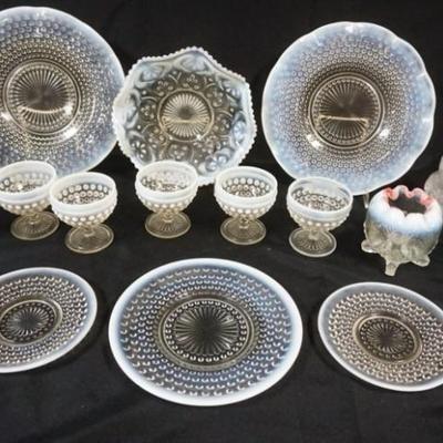 Sale Photo Thumbnail #40: 1040	GROUP OF ASSORTED GLASS INCLUDING HOBNAIL PLATES, SHERBETS, CASED GLASS SHADE, ETC, LARGEST PIECE APPROXIMATELY 11 IN

