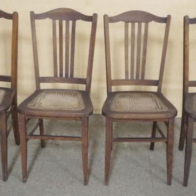 Sale Photo Thumbnail #180: 1180	SET OF 4 OAK SLAT BACK CANE SEAT CHAIRS
