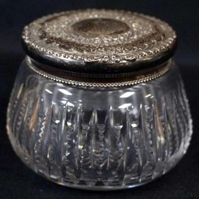 Sale Photo Thumbnail #23: 1023	CUT GLASS POWDER JAR W/STERLING SILVER LID, APPROXIMATELY 3 IN HIGH
