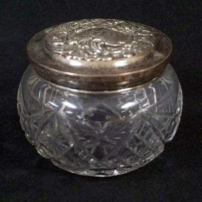 Sale Photo Thumbnail #22: 1022	CUT GLASS POWDER JAR W/STERLING SILVER LID, APPROXIMATELY 3 IN HIGH

