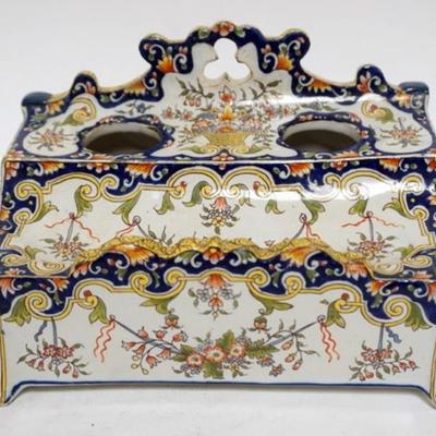 Sale Photo Thumbnail #9: 1009	PORCELAIN FRENCH FAIENCE DOUBLE INKWELL, MISSING WELLS, APPROXIMATELY 8 IN X 6 IN X 5 IN HIGH
