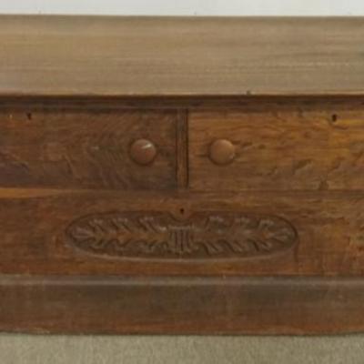 Sale Photo Thumbnail #173: 1173	OAK 3 DRAWER LOW CHEST WITH CARVED DRAWER FRONTS, APPROXIMATELY 53 IN X 23 N X 22 IN H
