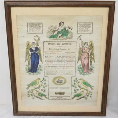 Sale Photo Thumbnail #227: 1228	FRAMED ANTIQUE 1858 HAND COLORED GERMAN BIRTH CERTIFICATE, APPROXIMATELY 18 IN X 22 IN OVERALL
