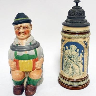 Sale Photo Thumbnail #47: 1047	METTLACH STEIN & FIGURAL WEST GERMAN STEIN, LARGEST APPROXIMATELY 11 IN HIGH
