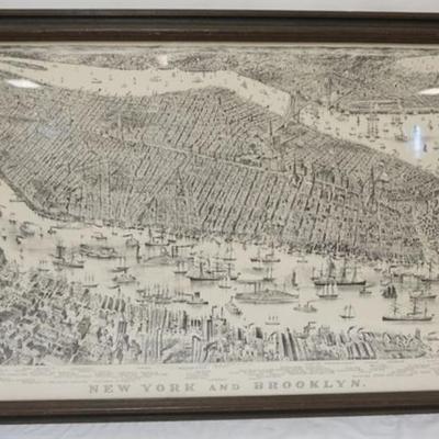 Sale Photo Thumbnail #232: 1233	FRAMED MAP OF NEW YORK & BROOKLYN BY CURRIER & IVES, AGE UNCERTAIN, APPROXIMATELY 43 IN X 29 IN
