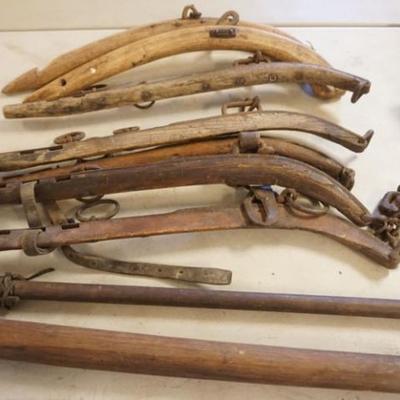 Sale Photo Thumbnail #236: 1237	GROUP OF ASSORTED HORSE HARNESSES, GRAIN FLAIL, RUG BEATER AND GRASS SEEDER
