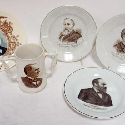Sale Photo Thumbnail #42: 1042	GROUP OF ANTIQUE PORCELAIN TRANSFERWARE POLITICAL PLATES & MUGS, JAMES GARFIELD, LEVI P MORTON, BENJAMIN HARRISON, WM MCKINLEY
