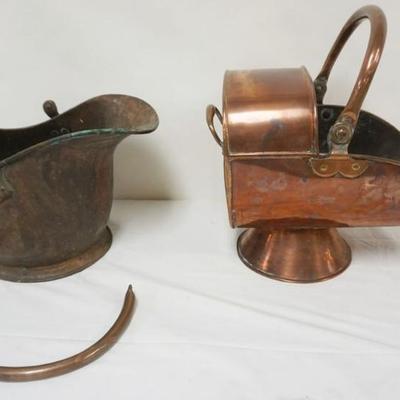 Sale Photo Thumbnail #124: 1124	ANTIQUE COPPER COAL SKUTLES, 1 WITH HANDLE SEPERATED, LARGEST APPROXIMATELY 17 IN X 10 IN X 15 IN H
