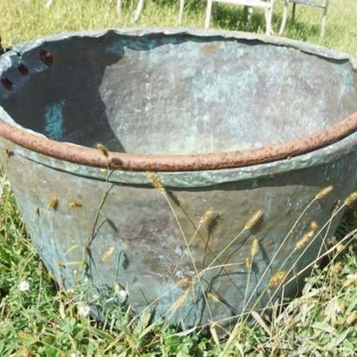 Sale Photo Thumbnail #117: 1117	LARGE ANTIQUE COPPER APPLE BUTTER KETTLE, APPROXIMATELY 30 IN X 20 IN
