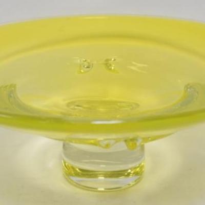 Sale Photo Thumbnail #35: 1035	VASELINE GLASS COMPOTE W/GROUND & POLISHED BASE, APPROXIMATELY 12 IN X 5 IN HIGH
