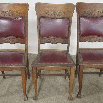 Sale Photo Thumbnail #177: 1177	SET OF 3 ANTIQUE OAK CHAIRS WITH LEATHER SEATS AND BACK, EACH APPROXIMATELY 18 IN X 17 IN X 39 IN H
