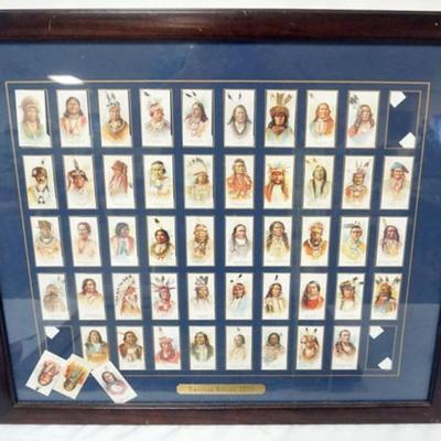 Sale Photo Thumbnail #226: 1227	AMERICAN INDIAN ANTIQUE TOBACCO TRADE CARDS, FRAMED, SOME LOSS, APPROXIMATELY 27 IN X 22 IN OVERALL
