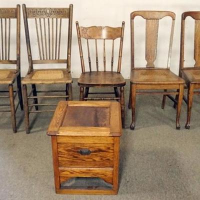 Sale Photo Thumbnail #167: 1167	GROUP OF ASSORTED ANTIQUE OAK CHAIRS AND COMMODE
