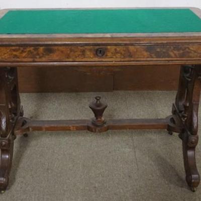 Sale Photo Thumbnail #200: 1200	VICTORIAN BURL WOOD 1 DRAWER PARLOR TABLE WITH FELT TOP, APPROXIMATELY 42 IN X 24 IN X 30 IN H
