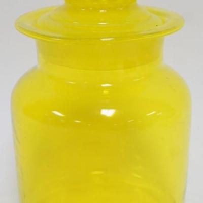 Sale Photo Thumbnail #34: 1034	VASELINE GLASS COVERED APOTHECARY JAR, APPROXIMATELY 8 IN HIGH
