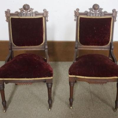 Sale Photo Thumbnail #199: 1199	PAIR OF VICTORIAN WALNUT PIERCED CARVED PARLOR CHAIRS, EACH APPROXIMATELY 18 IN X 20 IN X 37 IN H
