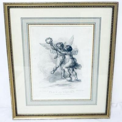 Sale Photo Thumbnail #230: 1231	FRAMED AND MATTED ANTIQUE ENGRAVING *LOVE & FORTUNE* BY A. ZAFFONATO, APPROXIMATELY 16 IN X 19 IN OVERALL
