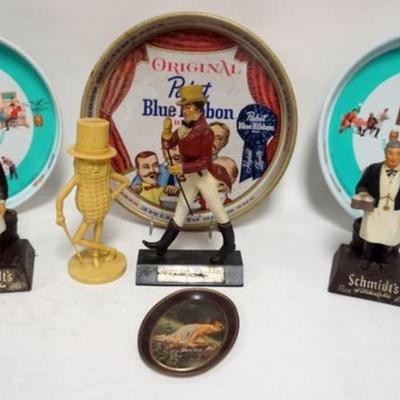 Sale Photo Thumbnail #48: 1048	GROUP OF ASSORTED VINTAGE BAR ITEMS INCLUDING ADVERTISING FIGURES, SCHMIDT'S, JOHNNIE WALKER (BROKEN), PLANTERS, PAPST BEER TRAY, LARGEST APPROXIMATELY 11 IN HIGH
