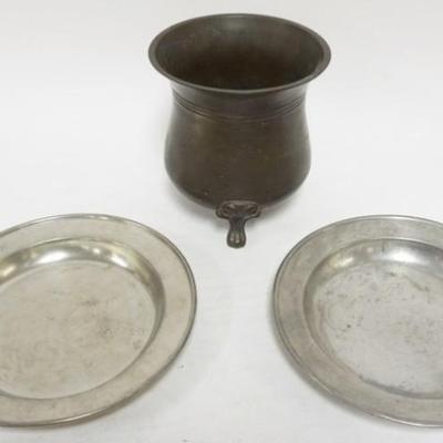 Sale Photo Thumbnail #27: 1027	BRONZE FOOTED VASE & 2 PEWTER BOWLS, VASE APPROXIMATELY 7 IN HIGH, BOWLS APPROXIMATELY 8 1/2 IN WIDE

