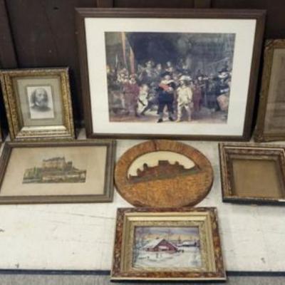 Sale Photo Thumbnail #222: 1223	GROUP OF ASSORTED FRAMES, SOME WITH ARWORK, PHOTOS, ETC., LARGEST APPROXIMATELY 31 IN X 25 IN
