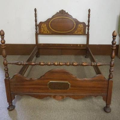 Sale Photo Thumbnail #208: 1208	WALNUT MEDALLION BACK 4 POSTER BED, APPROXIMATELY 56 IN X 79 IN X 53 IN H

