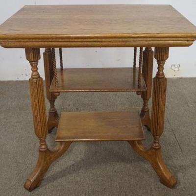 Sale Photo Thumbnail #171: 1171	OAK ANTIQUE PARLOR TABLE WITH REEDED SQUARE COLUMNS AND LOWER HANGING SHELF, APPROXIMATELY 30 IN X 24 IN X29 IN H
