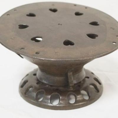 Sale Photo Thumbnail #56: 1056	CAST IRON FOOTWARMER W/HEART SHAPE CUT OUTS ON TOP, APPROXIMATELY 10 IN ROUND X 5 1/2 IN HIGH
