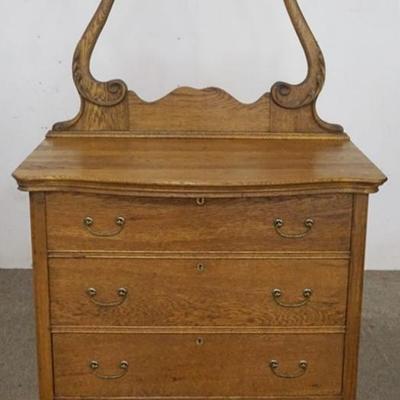 Sale Photo Thumbnail #163: 1163	ANTIQUE SOLID OAK 3 DRAWER CHEST WITH HARP AND TOWEL BAR, APPROXIMATELY 36 IN X 18 IN X 60 IN H
