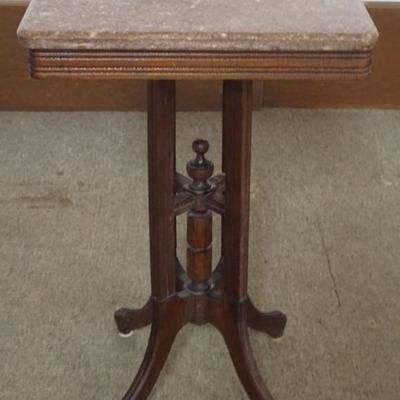 Sale Photo Thumbnail #198: 1198	DIMINUTIVE VICTORIAN WALNUT BROWN MARBLE TOP STAND, APPROXIMATELY 19 IN X 13 IN X 29 IN H

