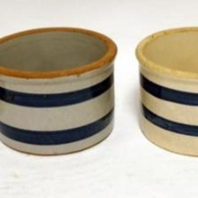 Sale Photo Thumbnail #73: 1073	GROUP OF ASSORTED BLUE BANDED STONEWARE CROCKS, LARGEST APPROXIMATELY 8 1/2 IN X 5 IN HIGH

