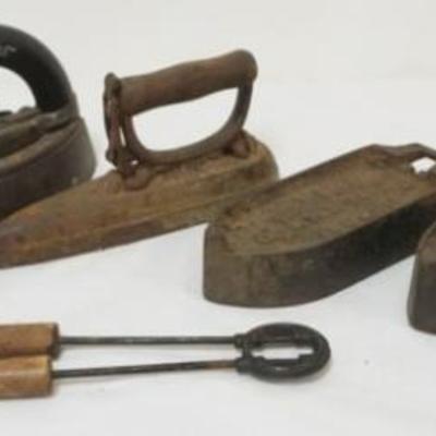 Sale Photo Thumbnail #78: 1078	GROUP OF ASSORTED ANTIQUE FLAT IRONS, CHILDS IRON & CURLING IRON
