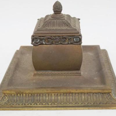 Sale Photo Thumbnail #6: 1006	ANTIQUE BRASS INKWELL STAMPED CROSS VIENNA ON BASE, APPROXIMATELY 7 IN SQUARE X 5 1/2 IN HIGH
