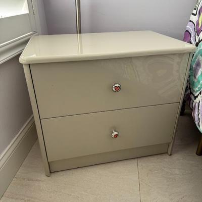 White nightstand
H: 21in
L: 2 ft
W: 16in 