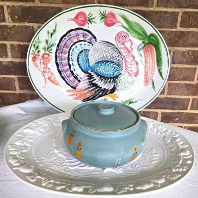 2 Ceramic Turkey Platters & Antique Covered Dish