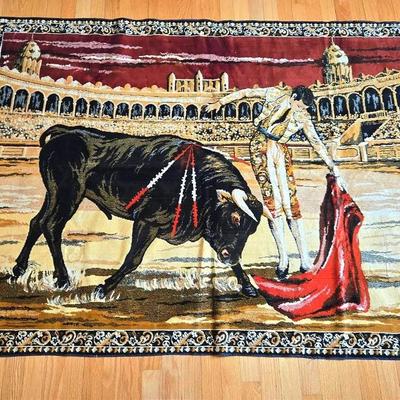 Vintage Velvet Bull Fighter Rug Tapestry Madrid Spain