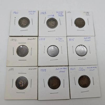 9 Indian Head Pennies...1860-1907