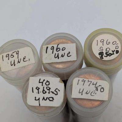 5 Rolls Of Uncirculated Lincoln Pennies 1959-1974