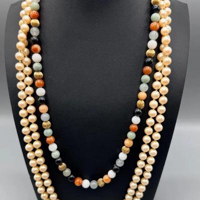 Vintage Jadeite Beaded Necklace And Double Strand Pearl Necklace 