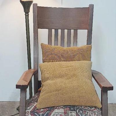 Amish-Made Buckeye Rocker by Fusion Design with Upholstered Seat & Accompanying Floor Lamp