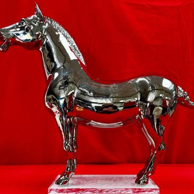 Chrome Horse Standing On Glass Base